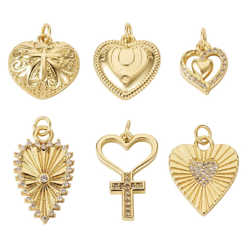 2310 6Pcs Cubic Zirconia Heart Charms 18K Gold Plated Brass Pendants Love